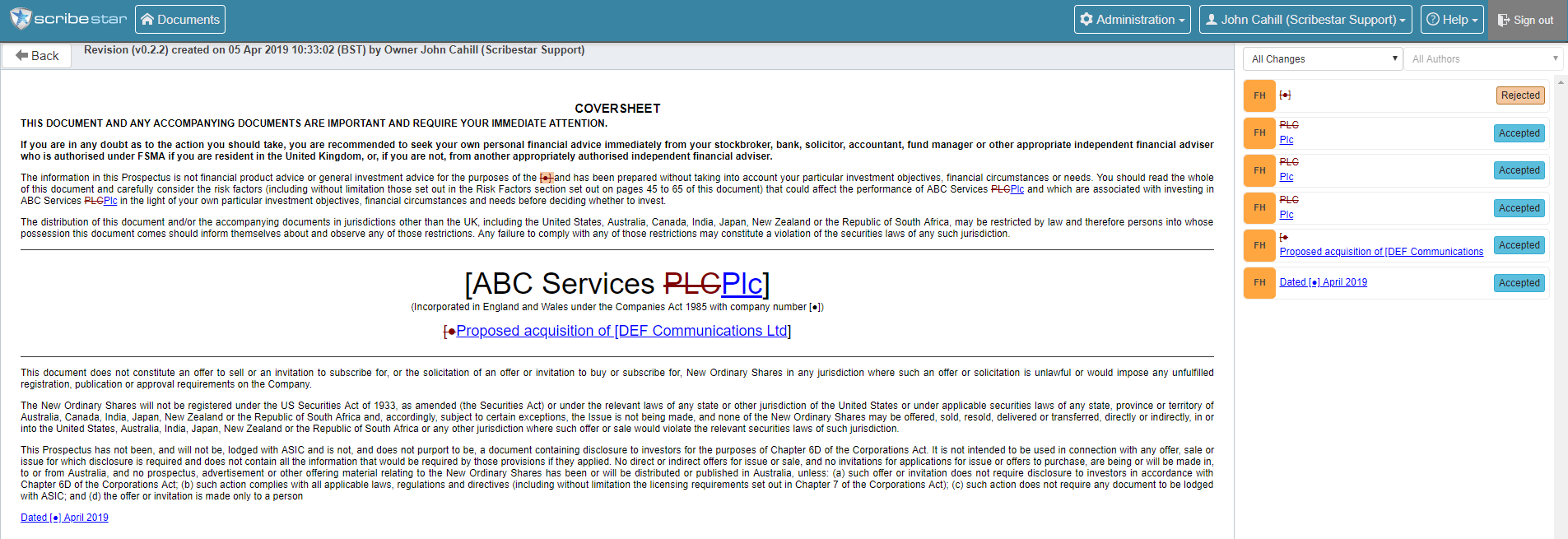 DeltaXignia History audit view of accepted and rejected changes